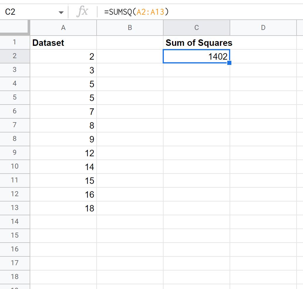 SUMSQ function in Google Sheets
