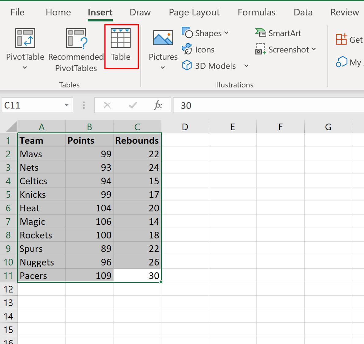 create table in Excel