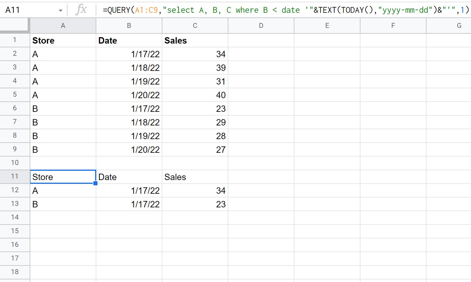 Google Sheets Query TODAY function example