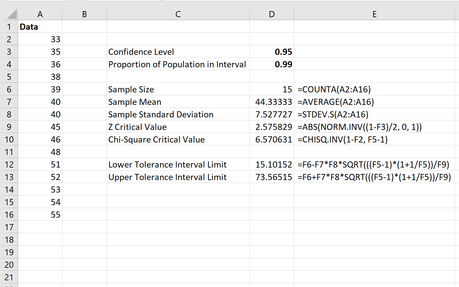 tolerance interval in Excel