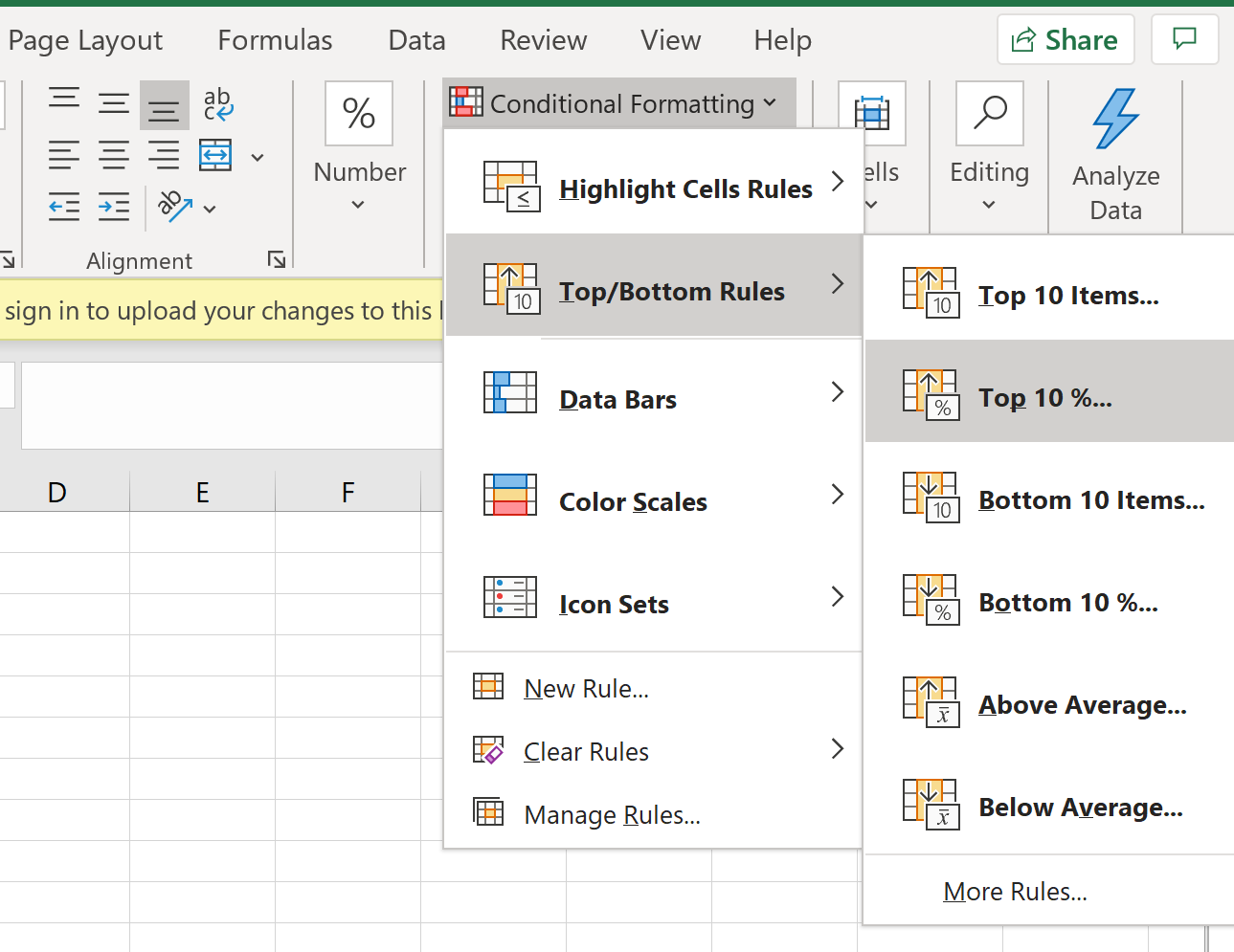Highlight top 10% of values in Excel