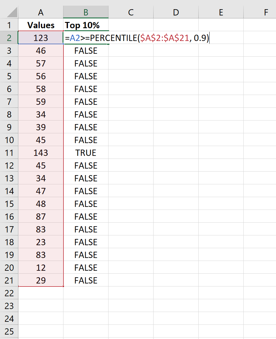 Find top 10% of values in Excel column