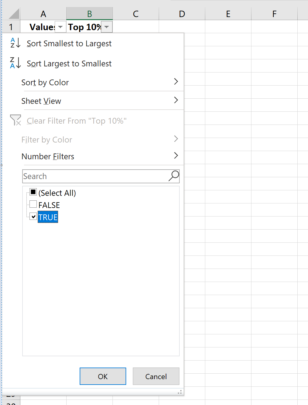 Filter top 10 percent of values in Excel