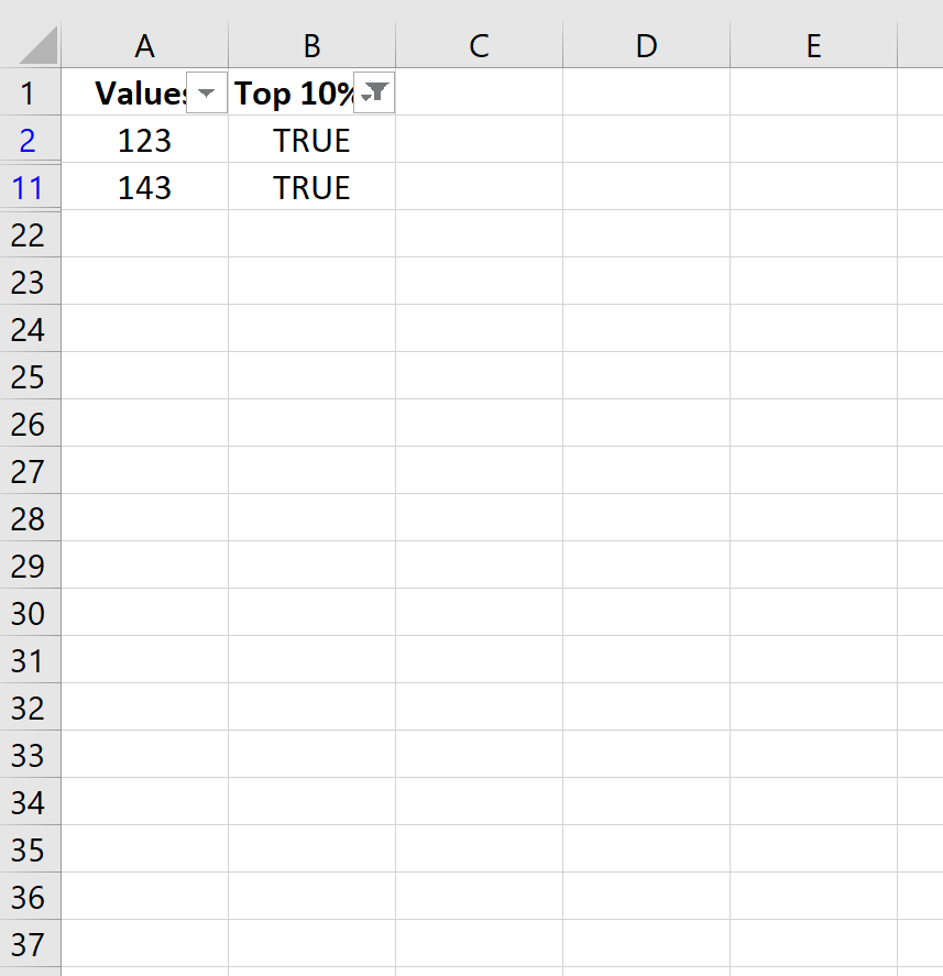 Values in top 10% in Excel