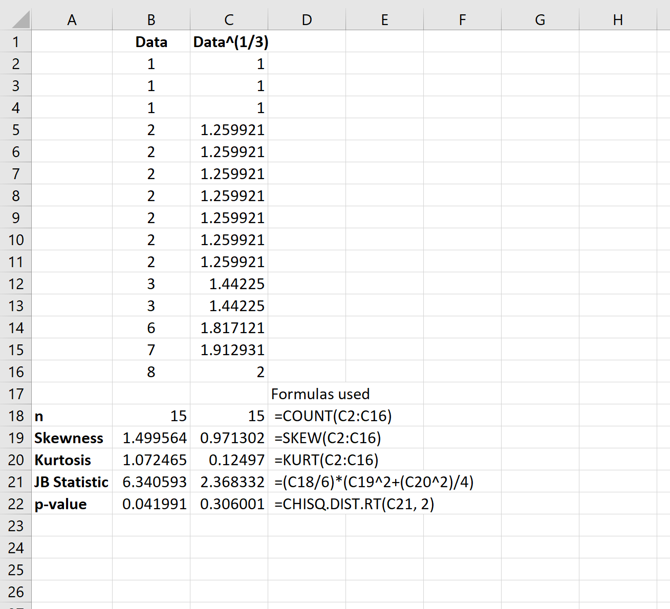 Cube root transformation in Excel