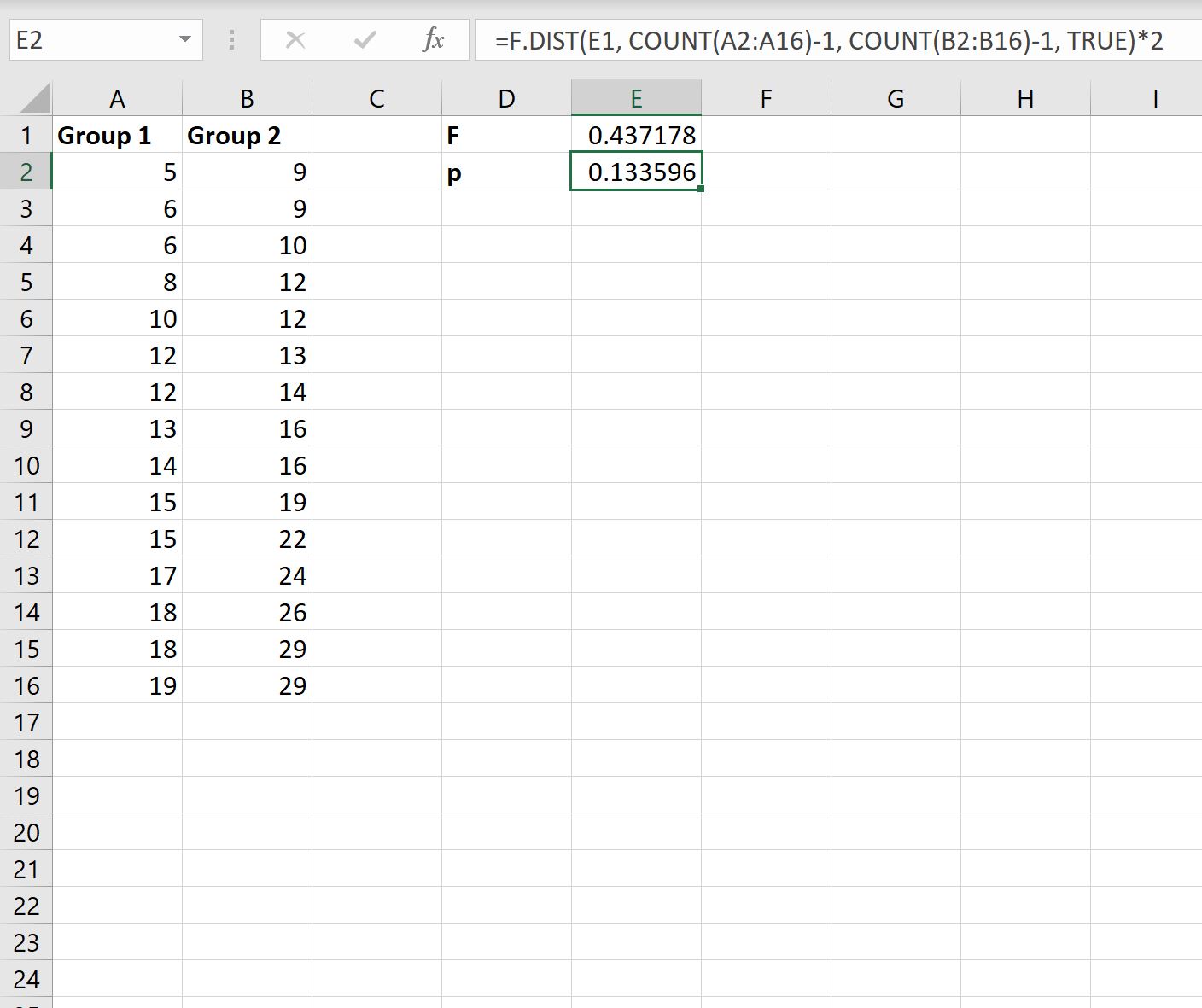 variance ratio test in Excel