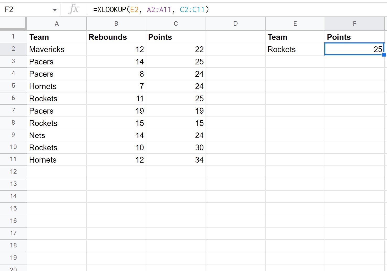 XLOOKUP function in Google Sheets example