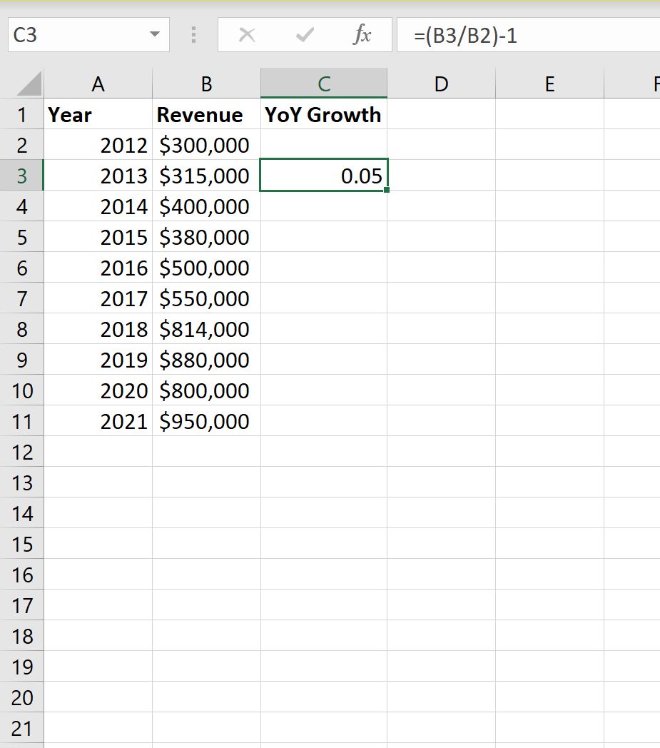 year over year growth in Excel