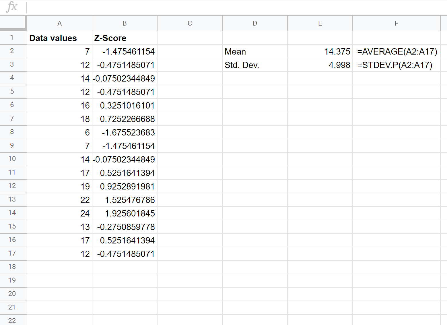 Calculating z-scores in Google Sheets