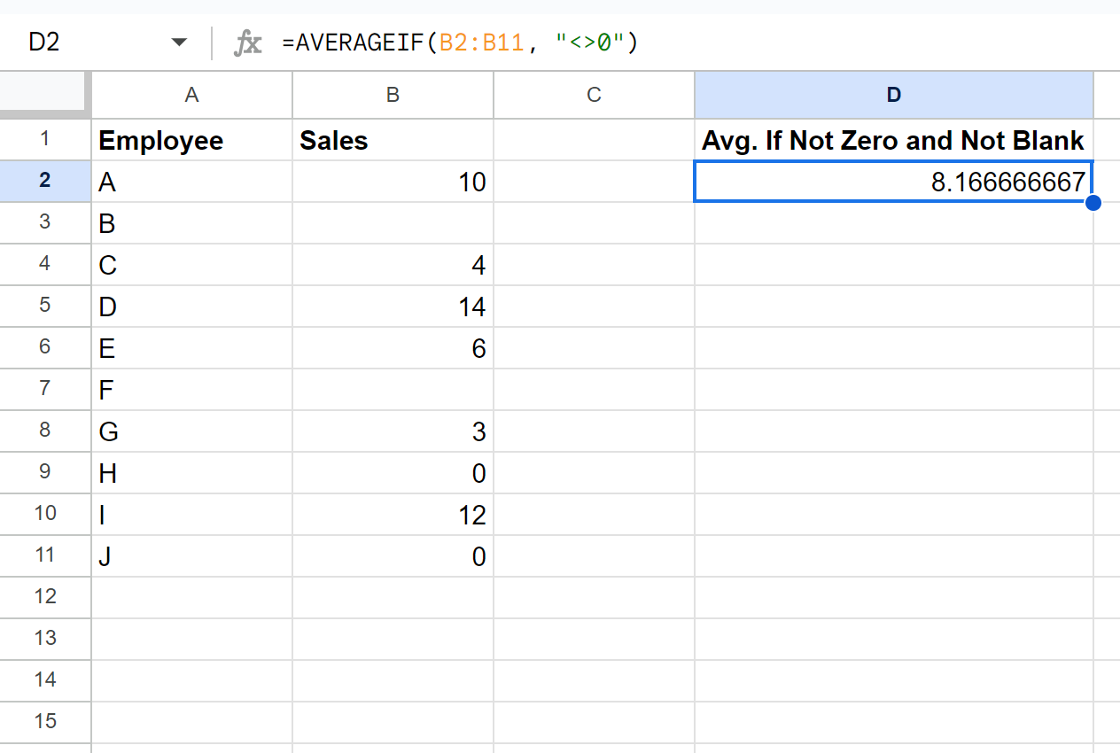 Google Sheets average ignore zero and blanks
