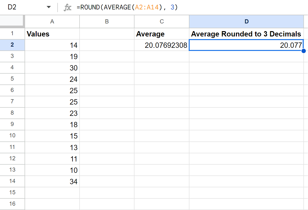 Google Sheets round average to specific number of decimals