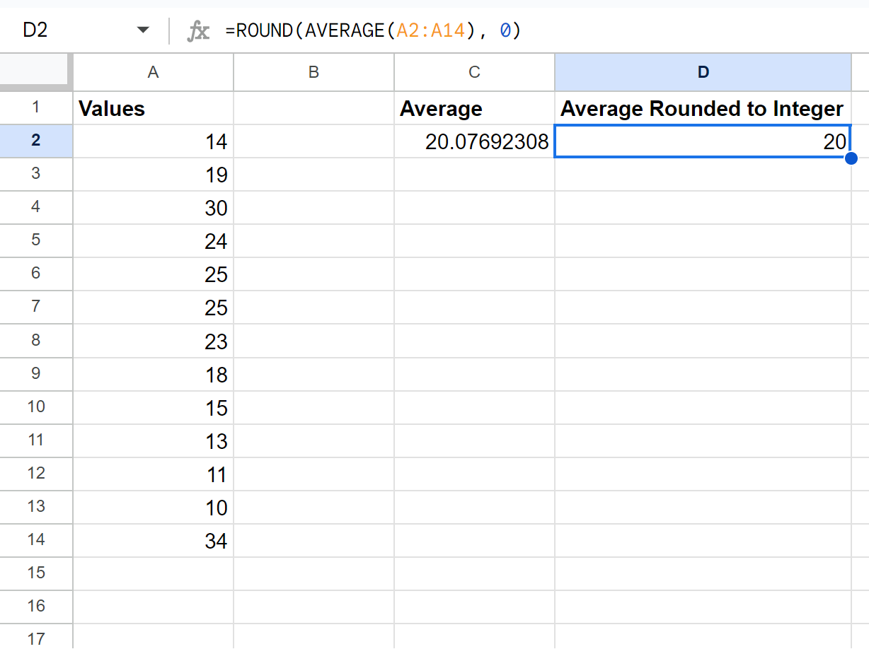 Google Sheets round average to nearest integer