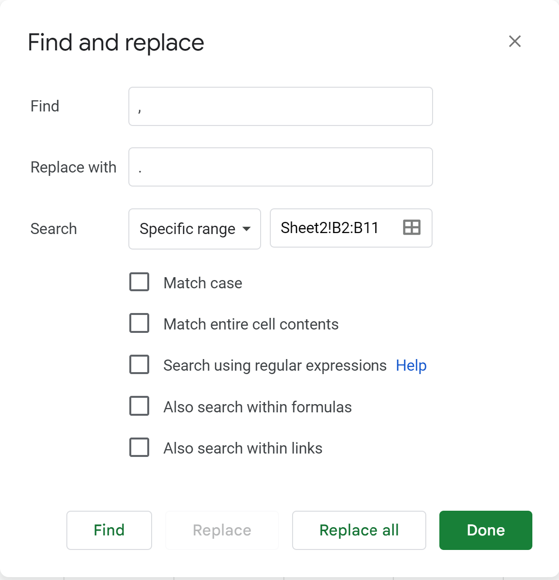 Google Sheets replace comma with dot