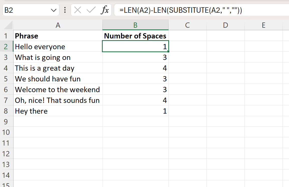 Excel count spaces in cell