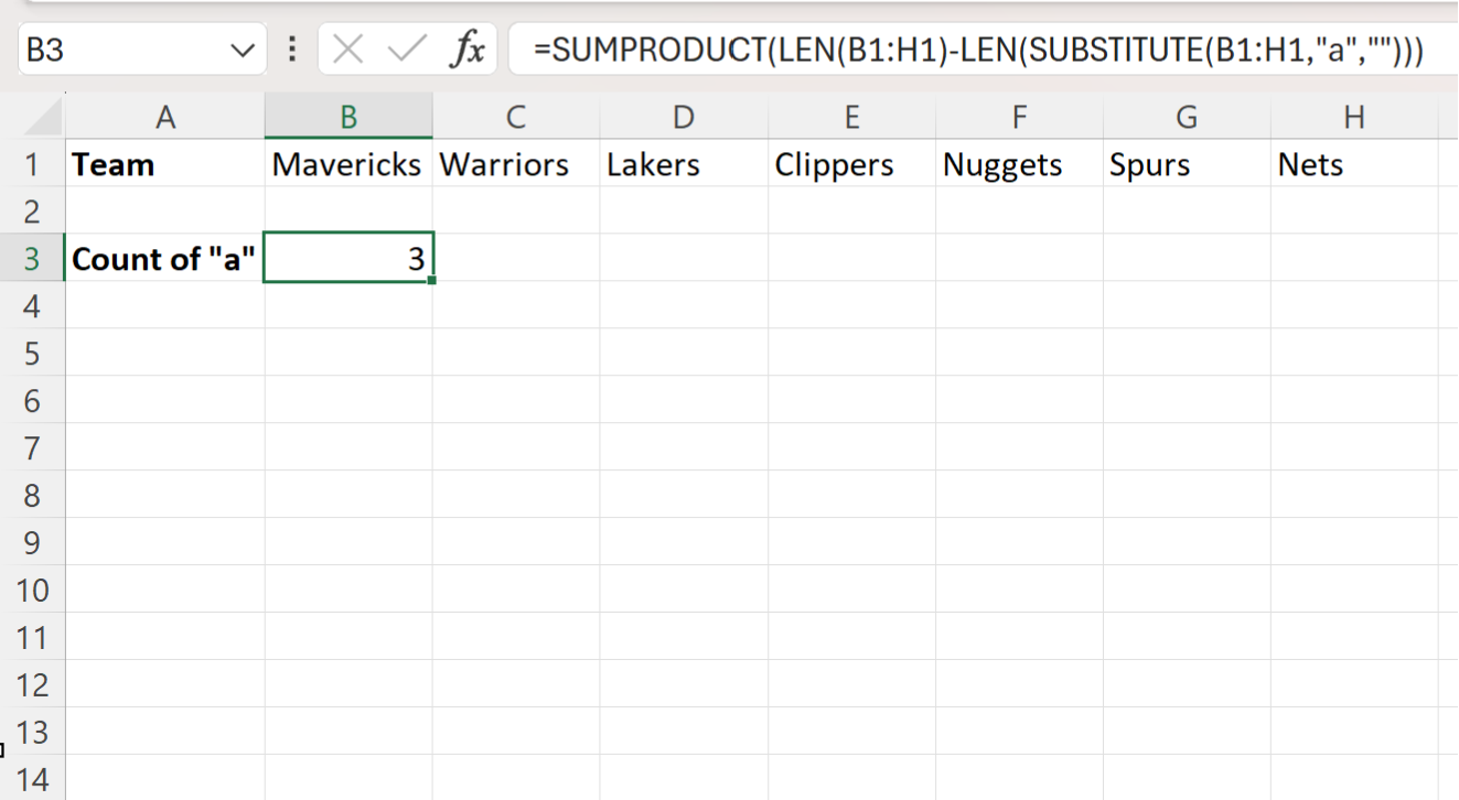 Excel count specific characters in row