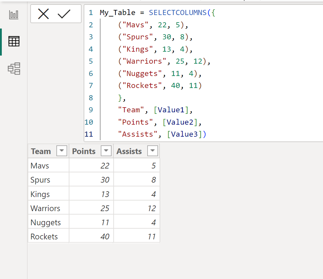 Power BI create table with specific column names using DAX