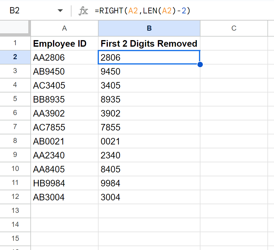 Google Sheets remove first 2 digits