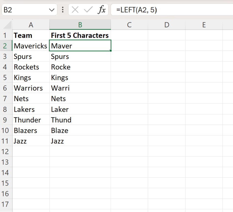 Excel extract first 5 characters from cell