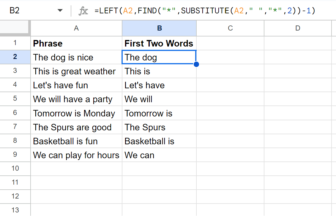 Google Sheets extract first two words