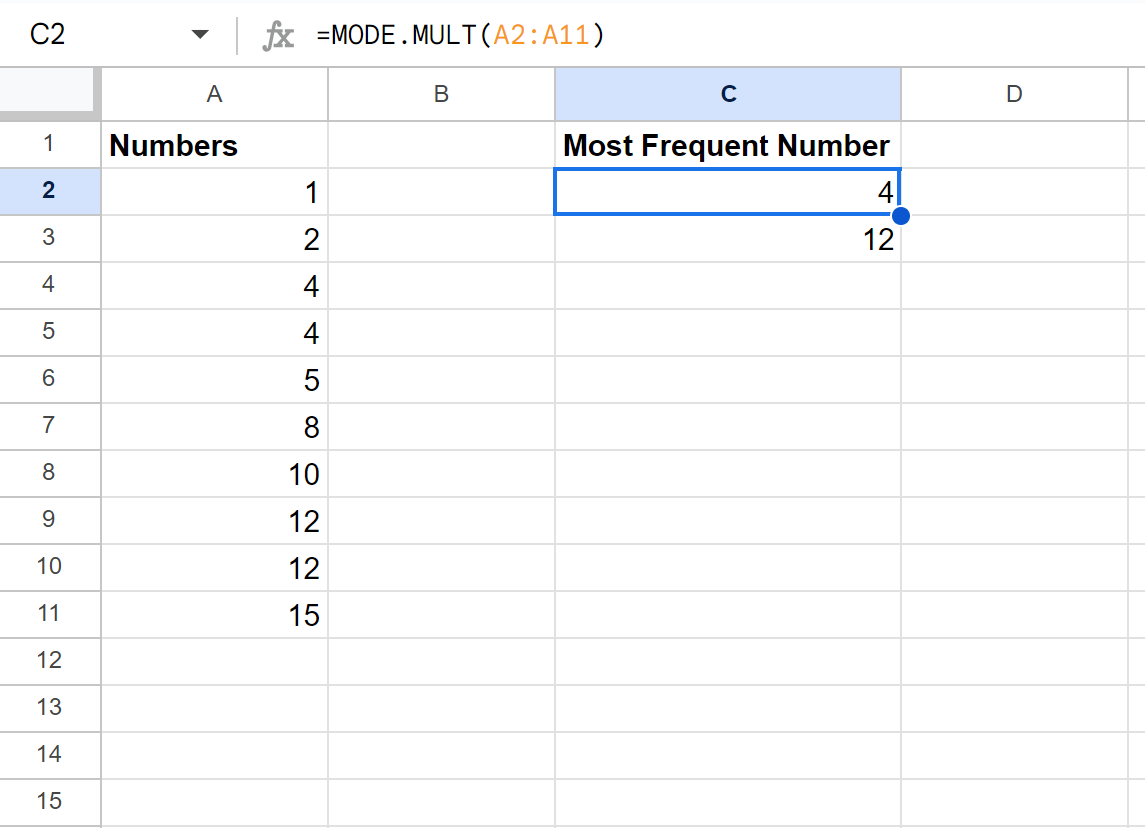 Google Sheets find most frequent number value