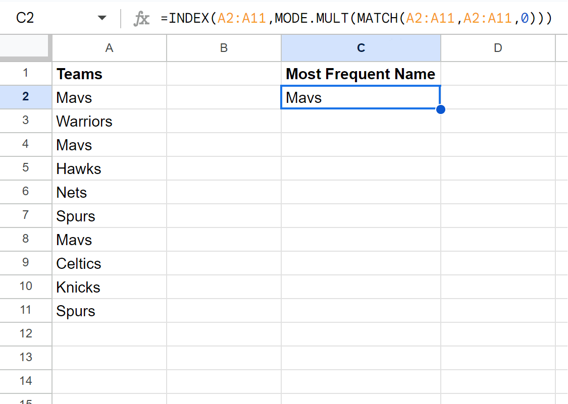 Google Sheets find most frequent text value