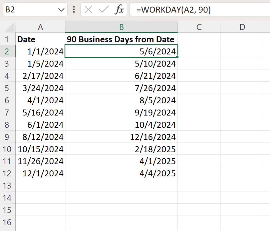 Excel calculate 90 business days from date