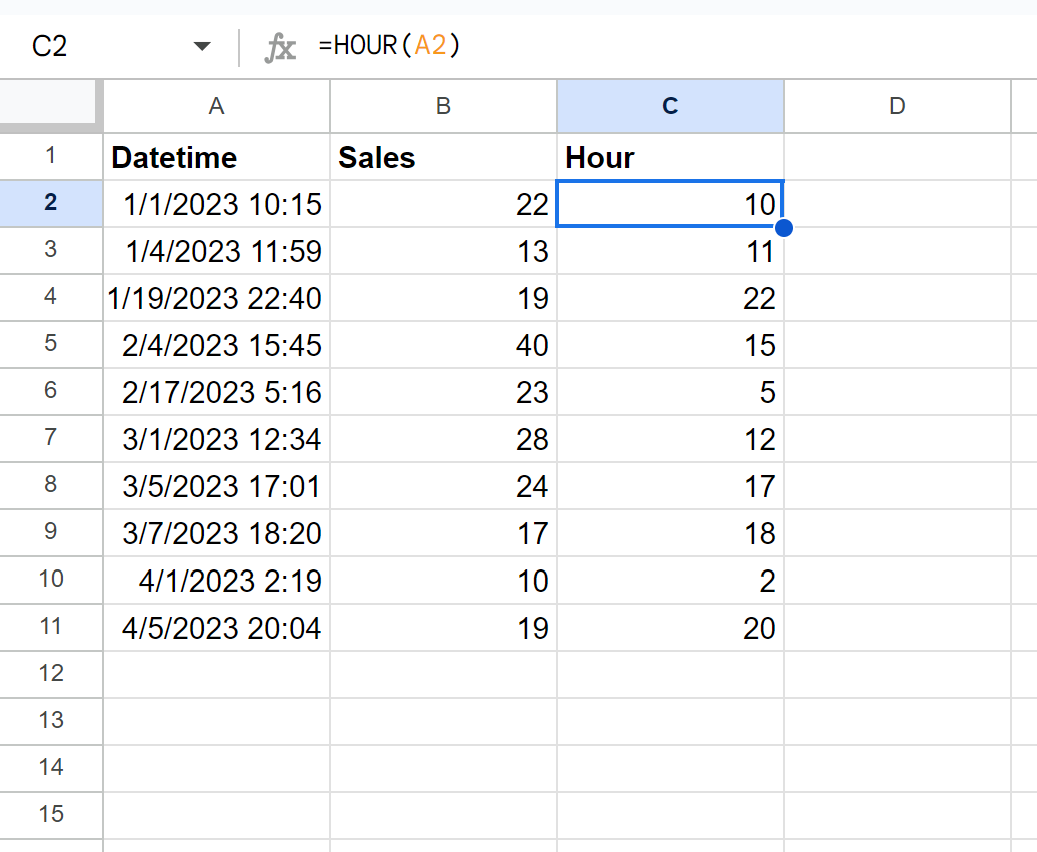Google Sheets extract hour from datetime