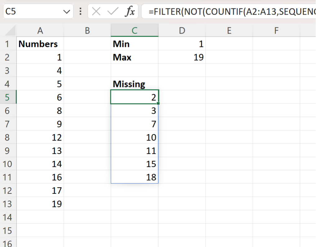 Excel identify missing values in sequence