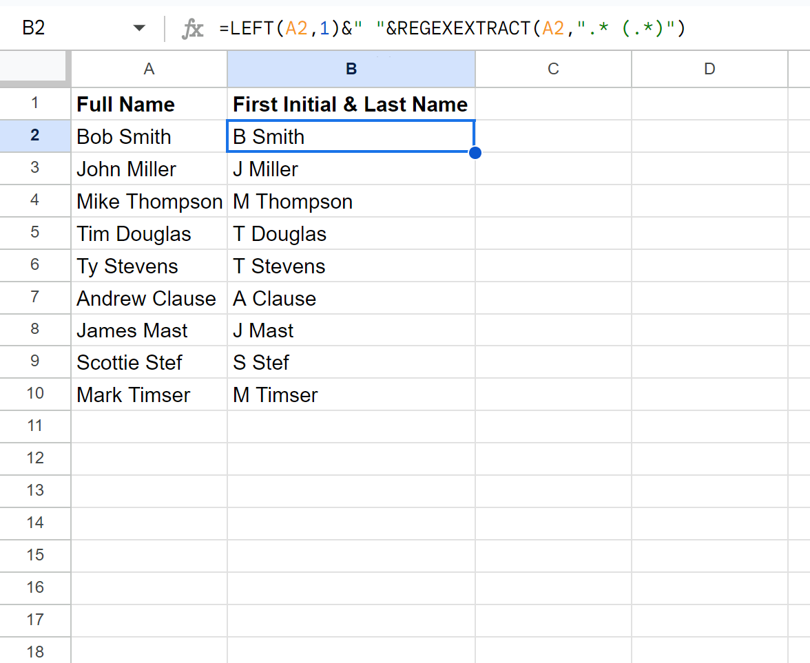 Google Sheets extract first initial and last name