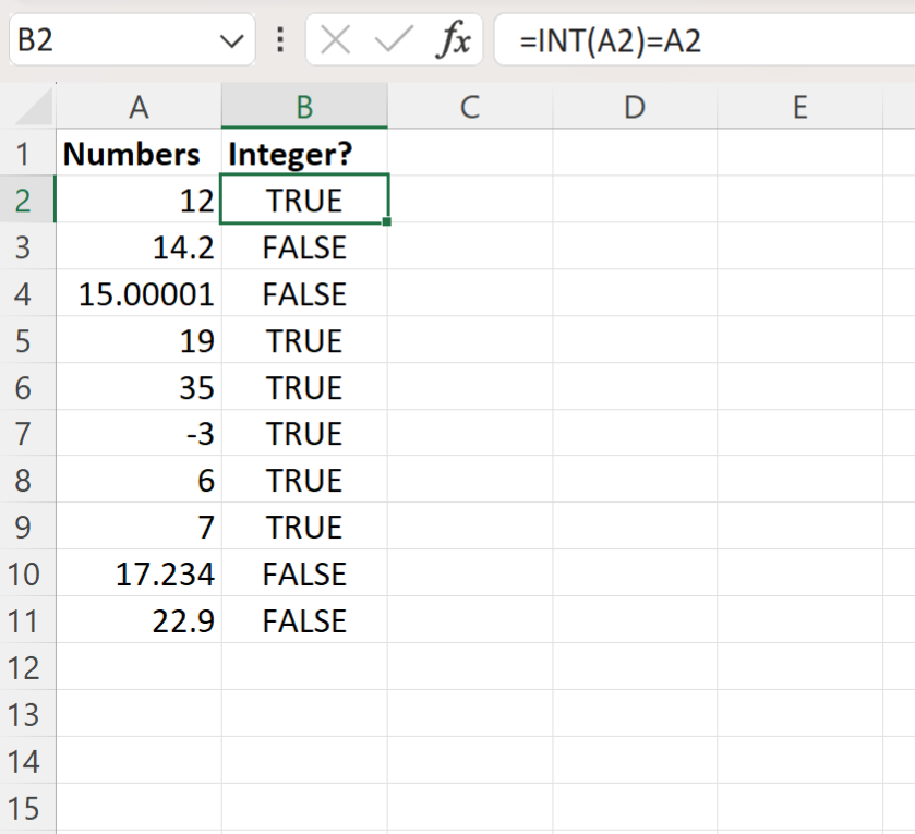 Excel check if number is integer