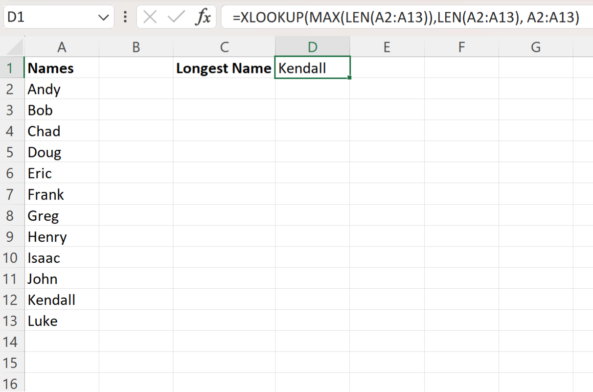 Excel find longest string in column
