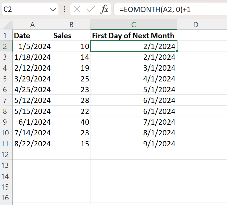 Excel get first day of next month