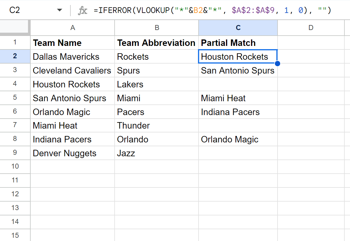 Google Sheets partial match between two columns
