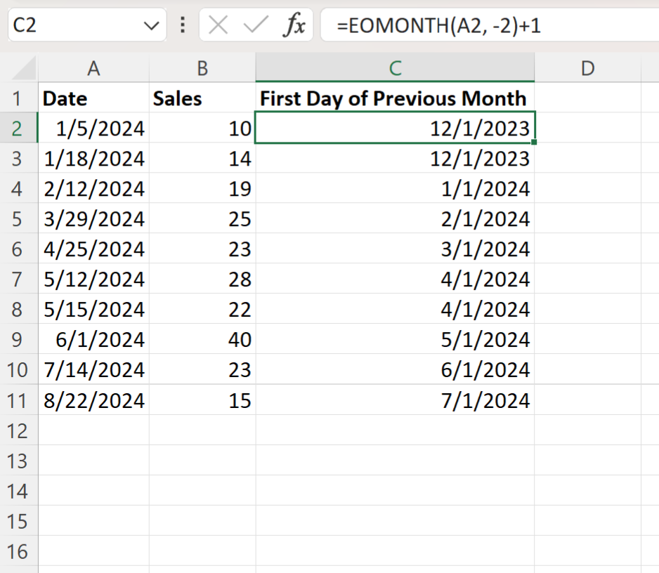 Excel get first day of previous month