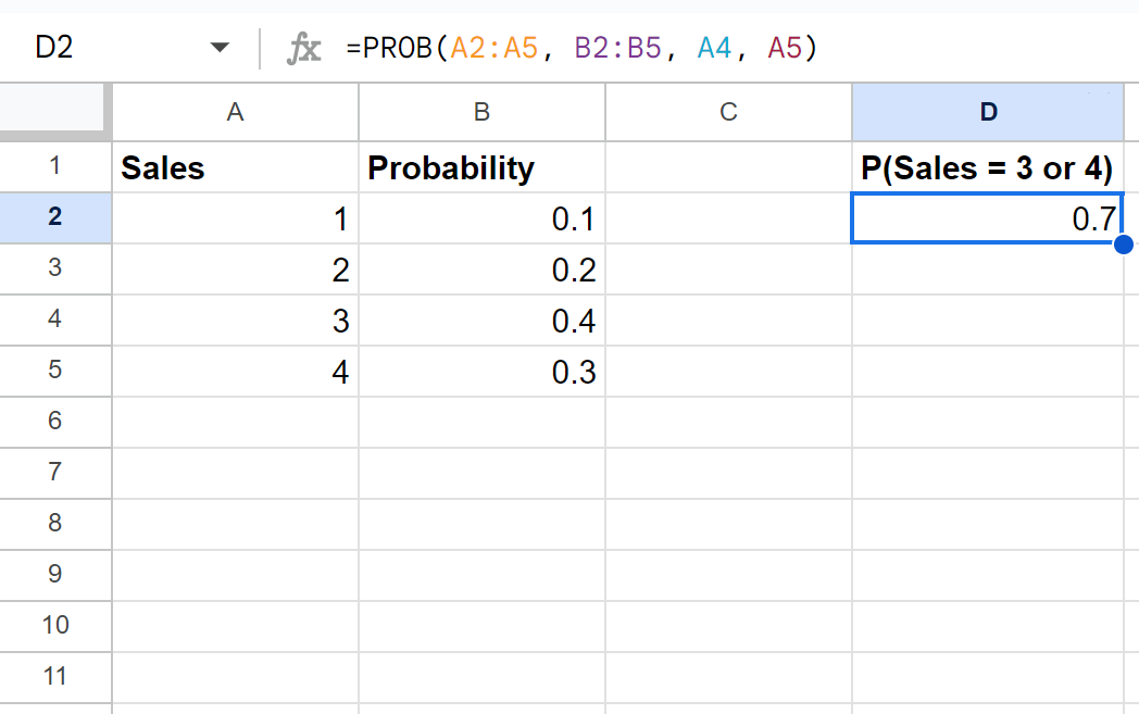 PROB function to calculate probabilities in Google Sheets