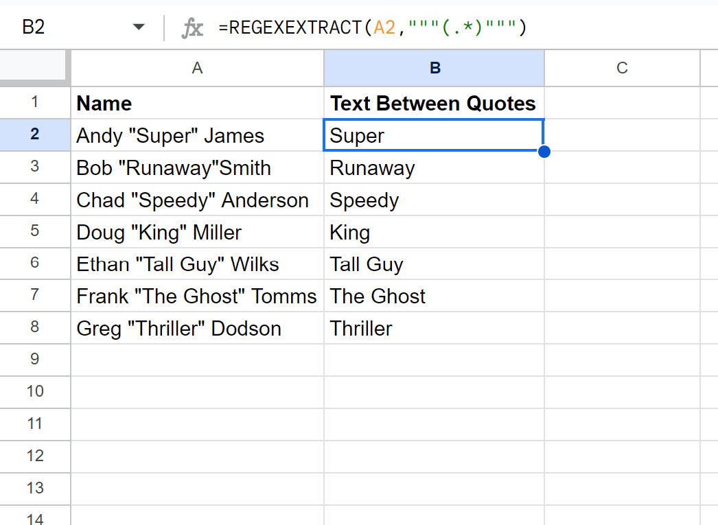 Google Sheets extract text between double quotes