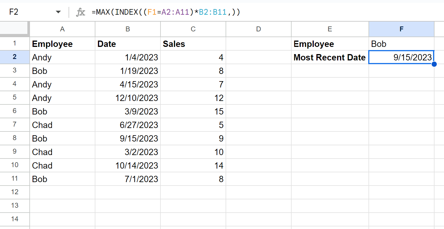 Google Sheets most recent date based on criteria