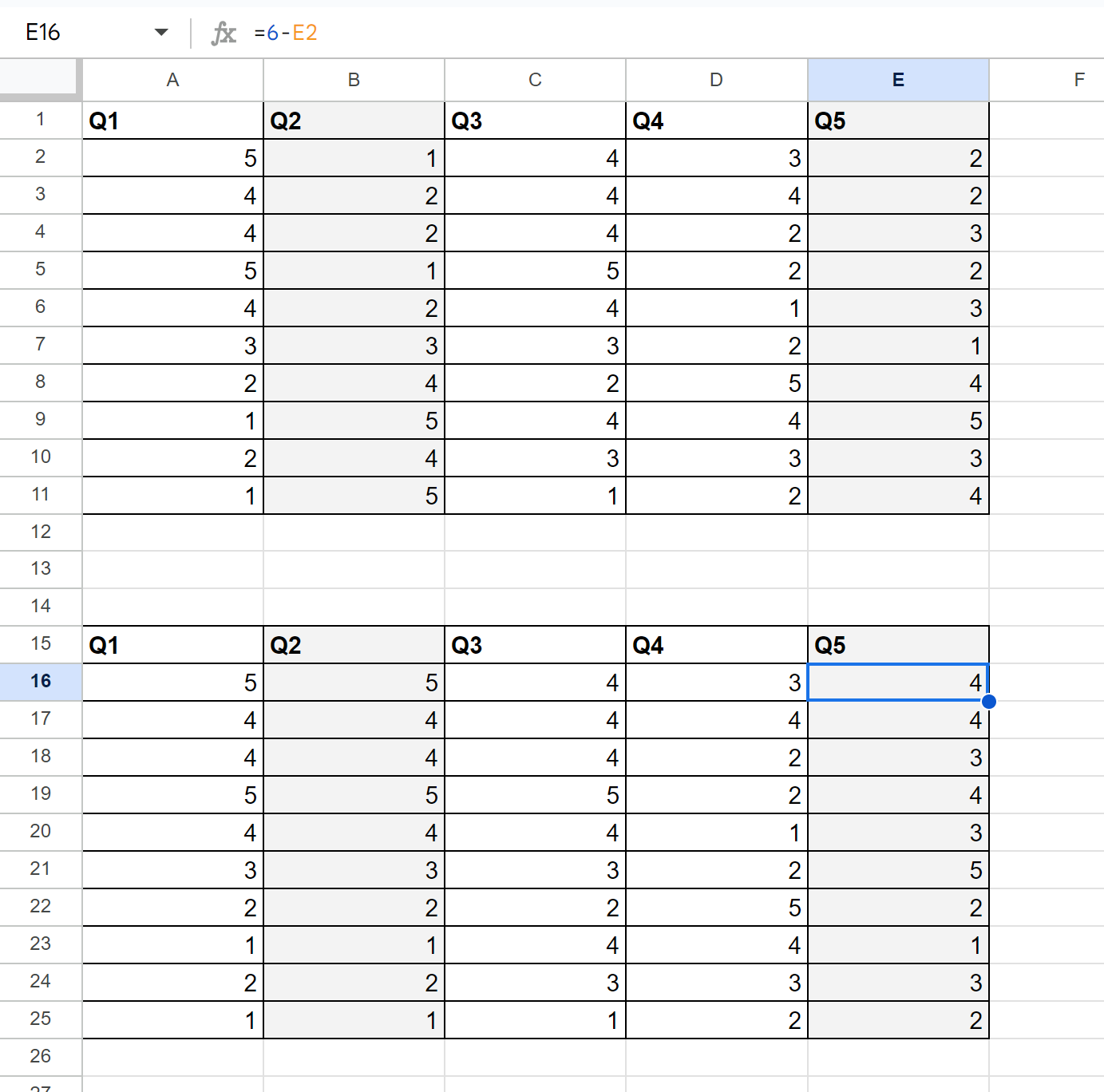 reverse scoring in Google Sheets