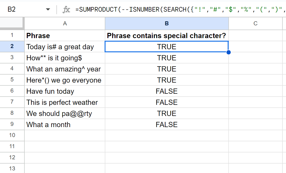 Google Sheets search for special character