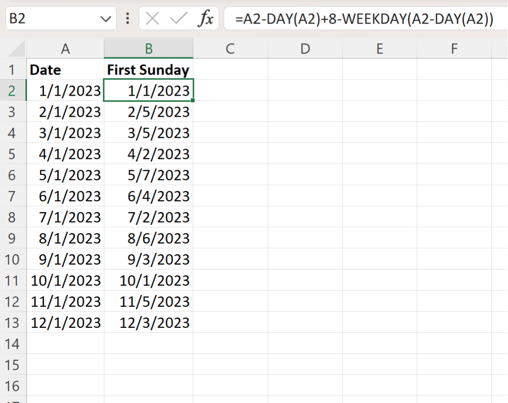 Excel find first Sunday of the month
