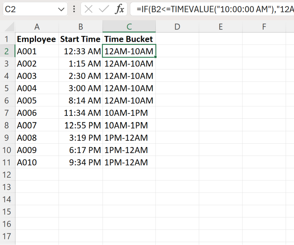 Excel group times into unequal buckets