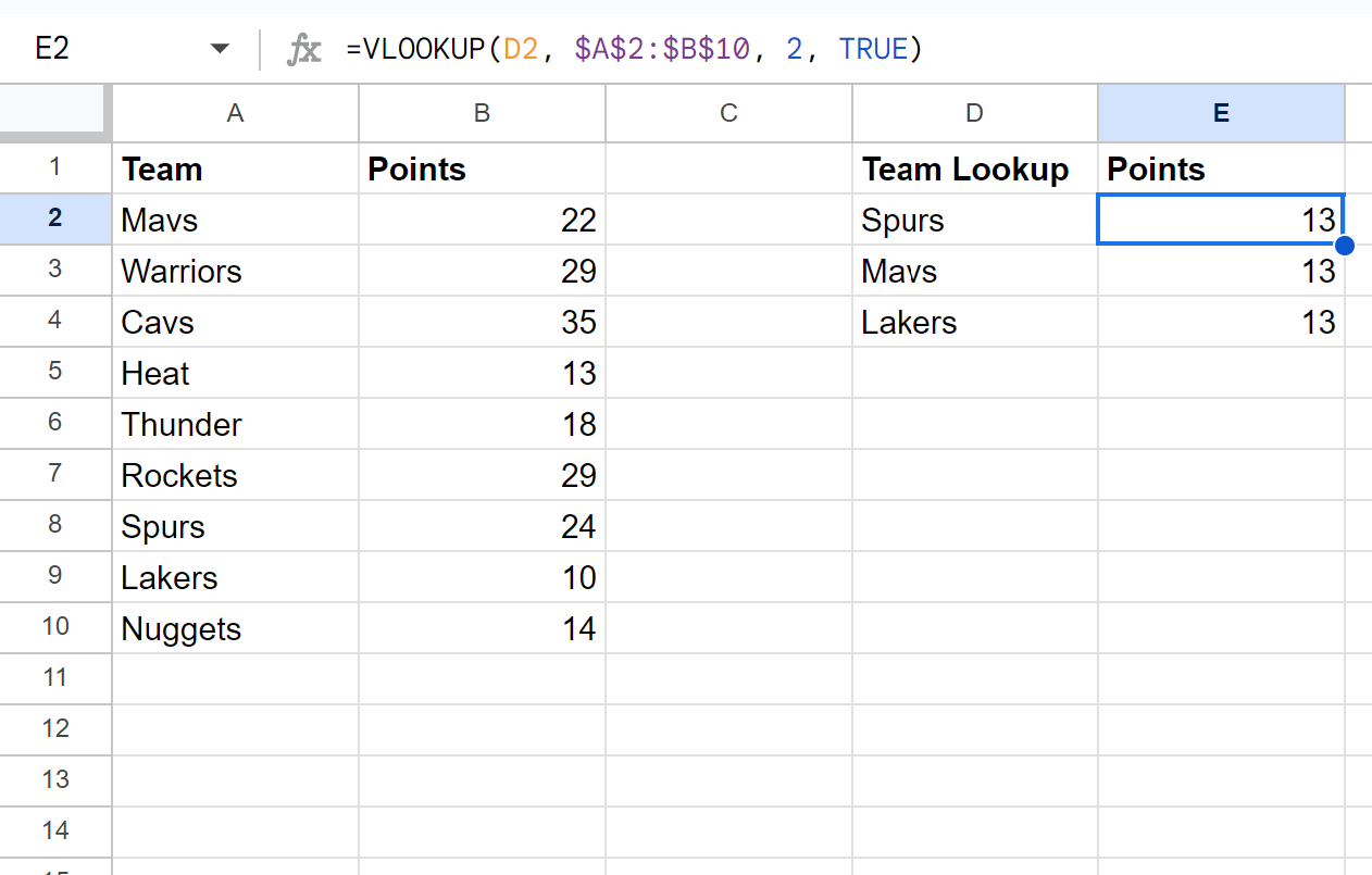 Google Sheets VLOOKUP with TRUE