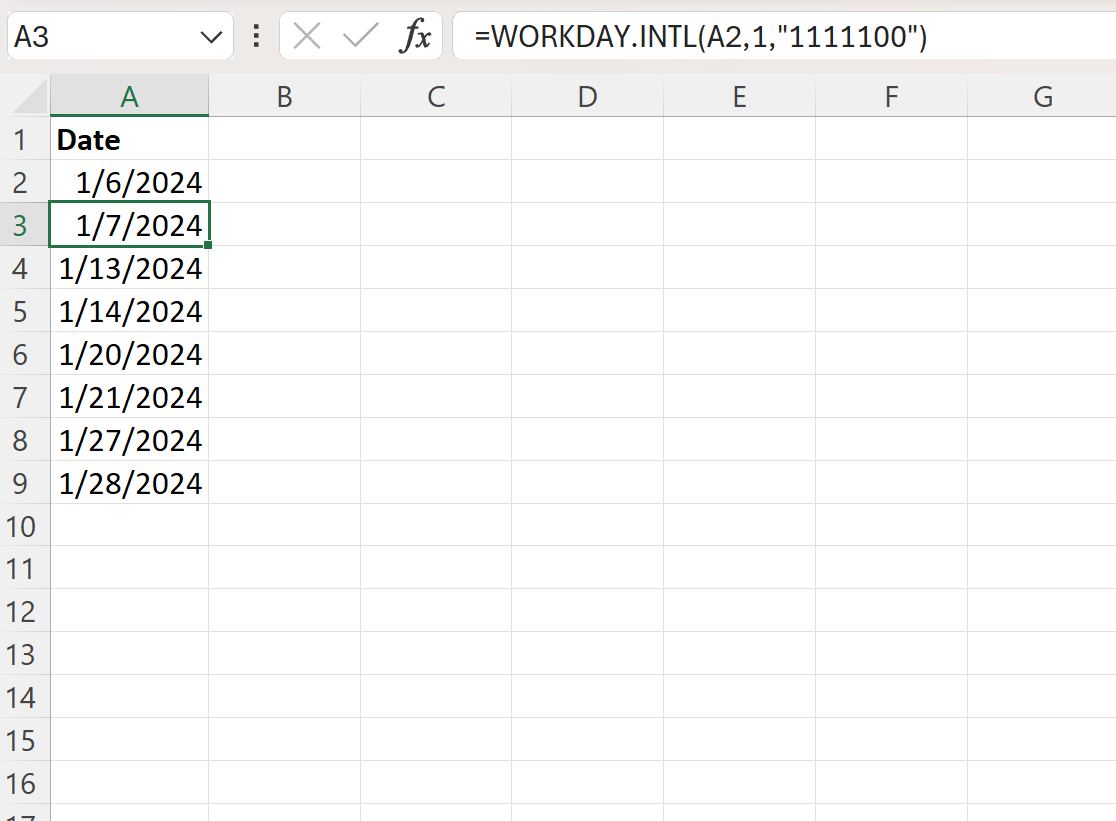 Excel create list of weekends