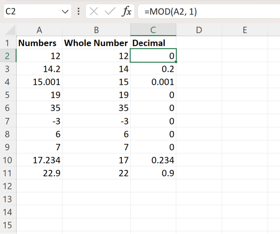 Excel separate whole number from decimal