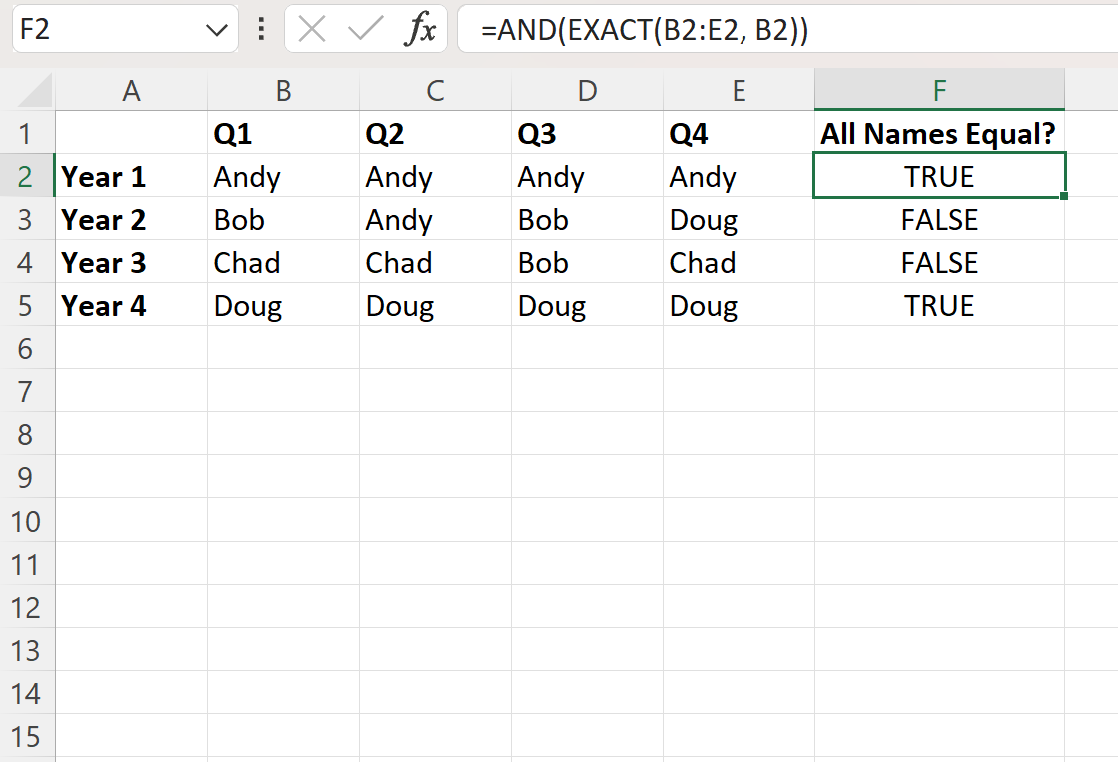 Excel check if all values in a row are the same