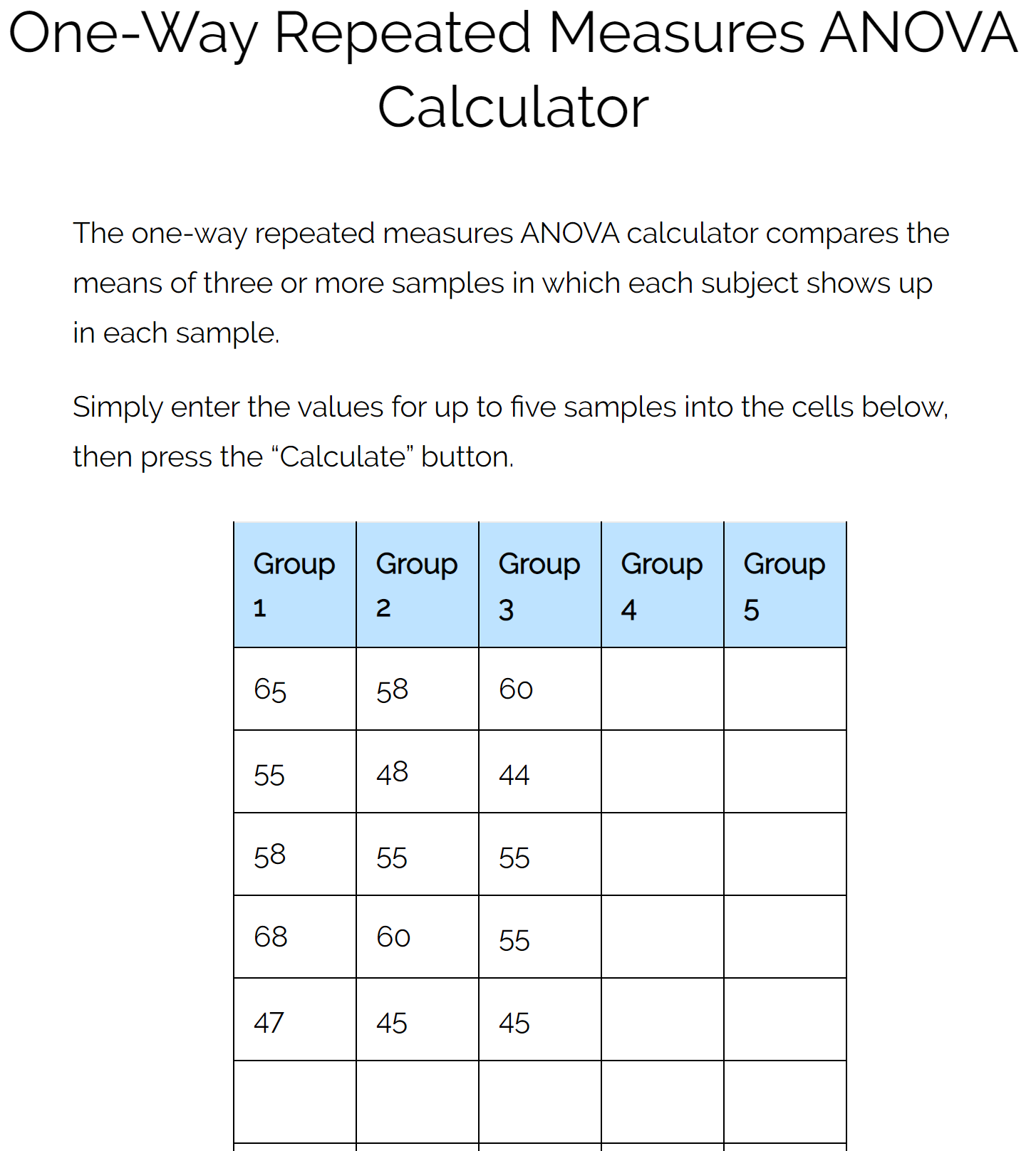 anovarep1 One way repeated measures ANOVA calculator