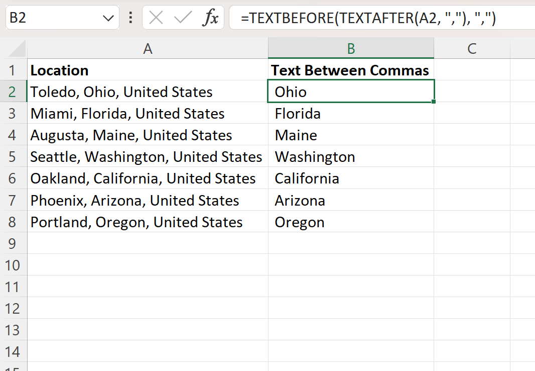 Excel extract text between two commas
