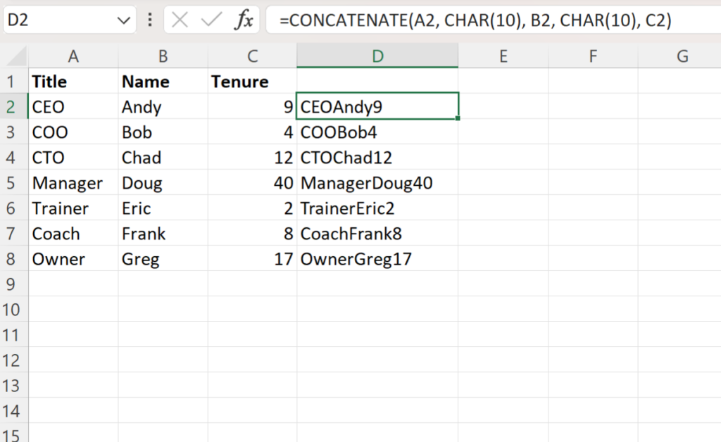 How do I use CONCATENATE with a new line in Excel? 2
