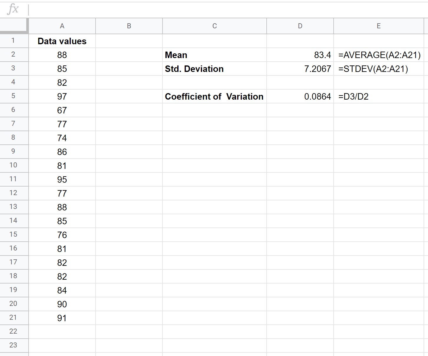 Coefficient of variation in Google Sheets