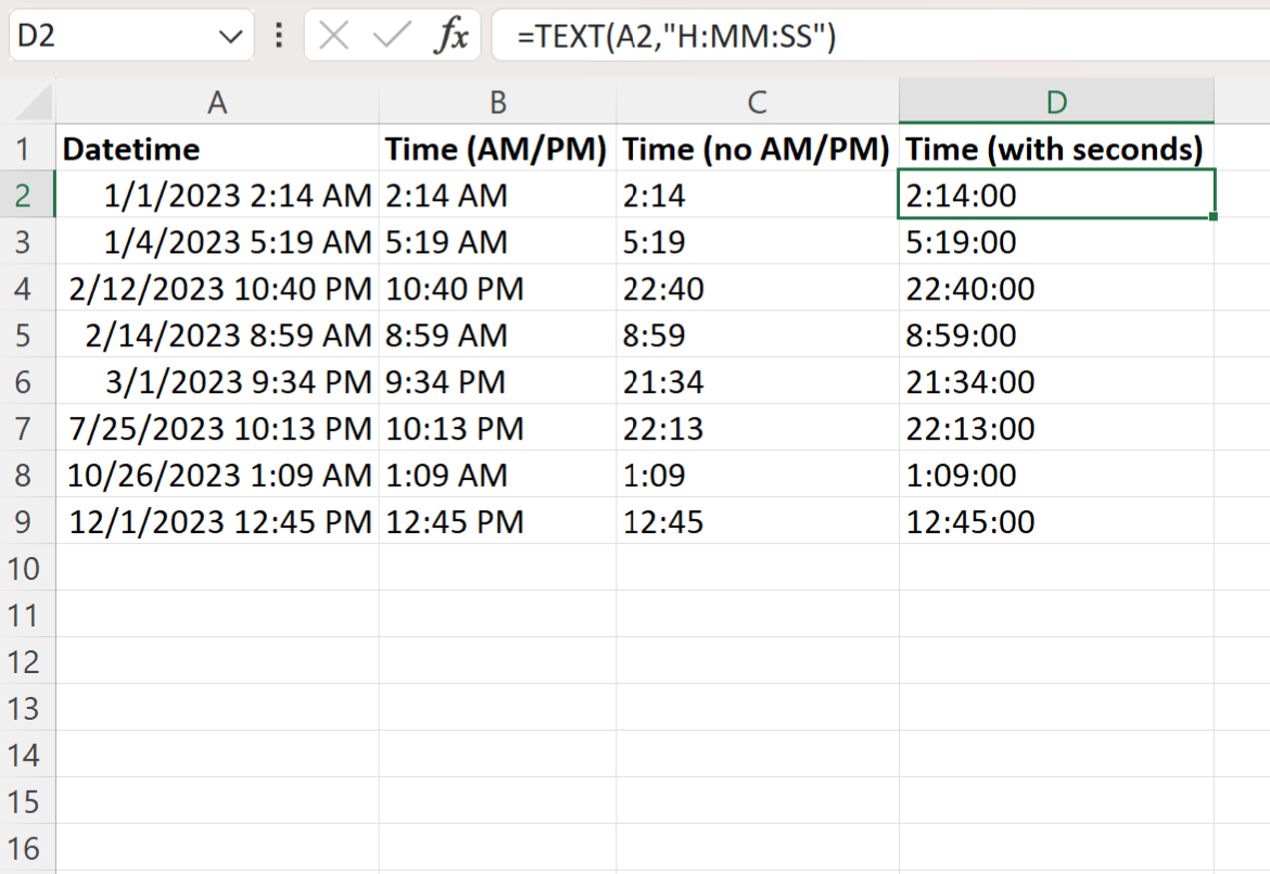 Excel convert datetime to time